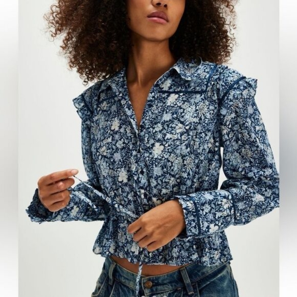 FREE PEOPLE Daybreak Ruffled Blue Floral Print Boho Blouse Small Like New